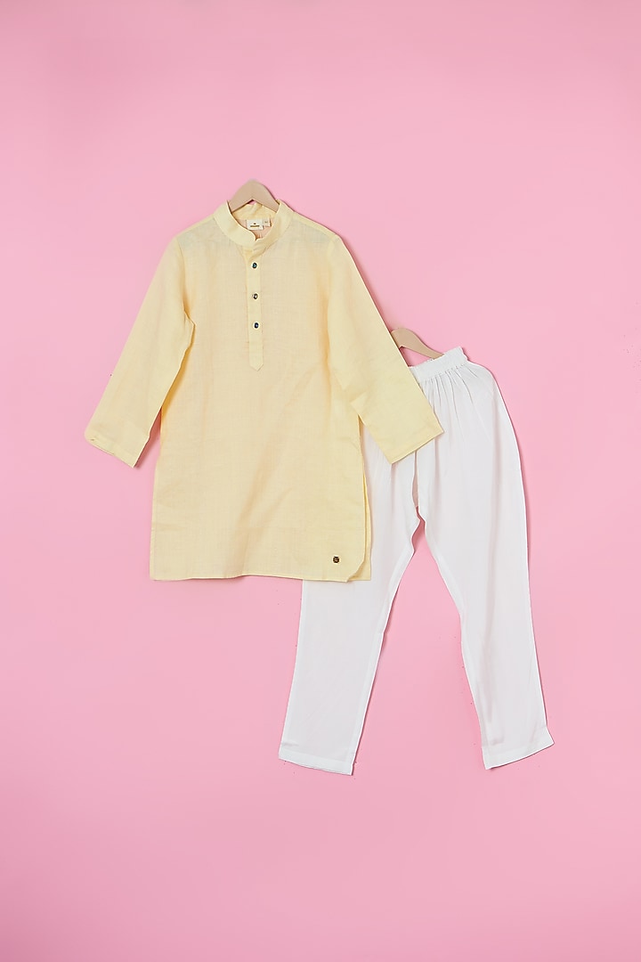 Yellow Cotton Foil Hand Embroidered Nehru Jacket Set For Boys by Les Petits at Pernia's Pop Up Shop