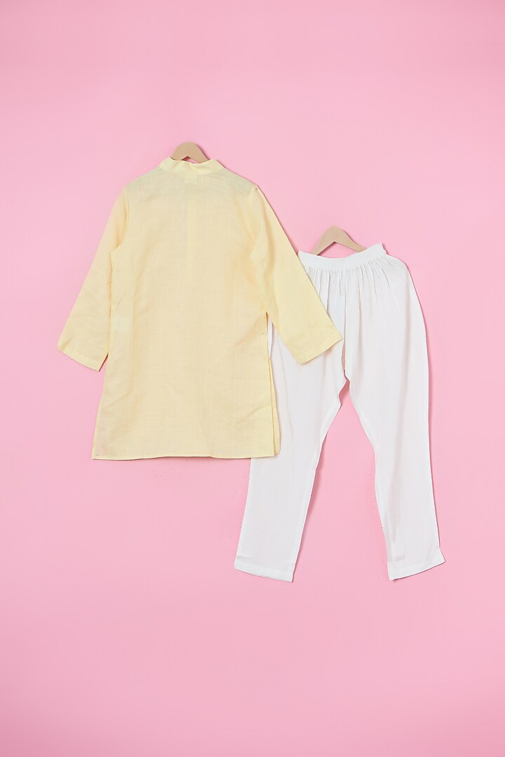 Yellow Cotton Foil Hand Embroidered Nehru Jacket Set For Boys by Les Petits at Pernia's Pop Up Shop