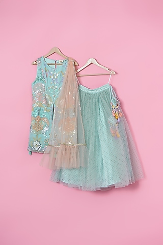 Powder Blue Georgette Hand Embroidered Lehenga Set For Girls by Les Petits