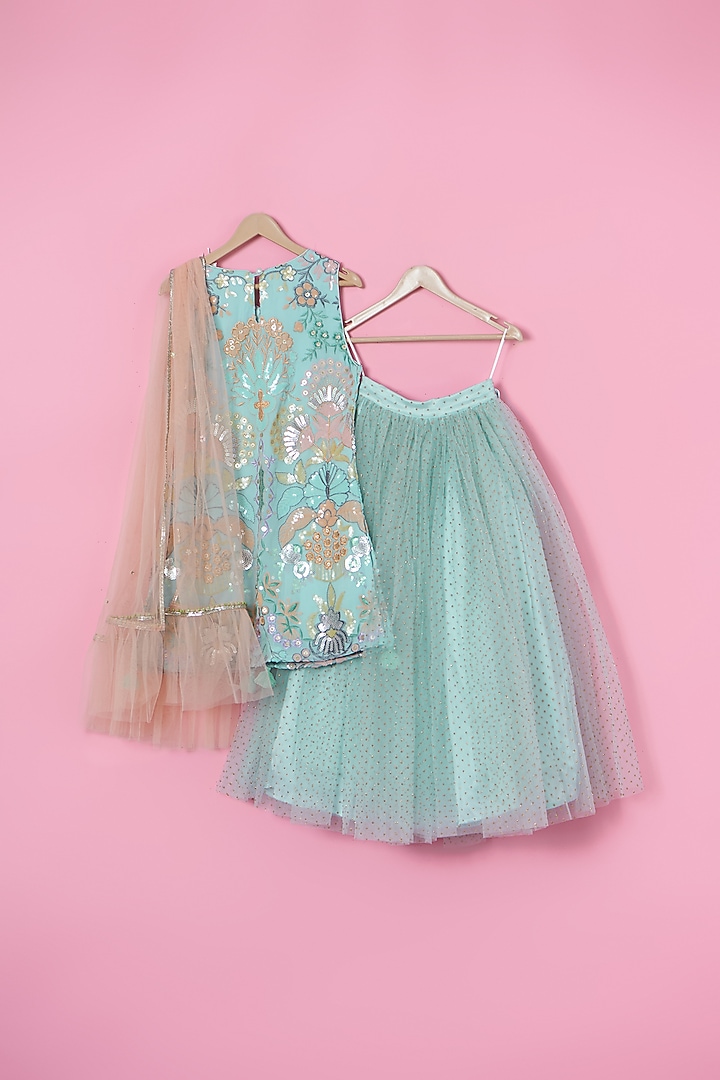 Powder Blue Georgette Hand Embroidered Lehenga Set For Girls by Les Petits at Pernia's Pop Up Shop