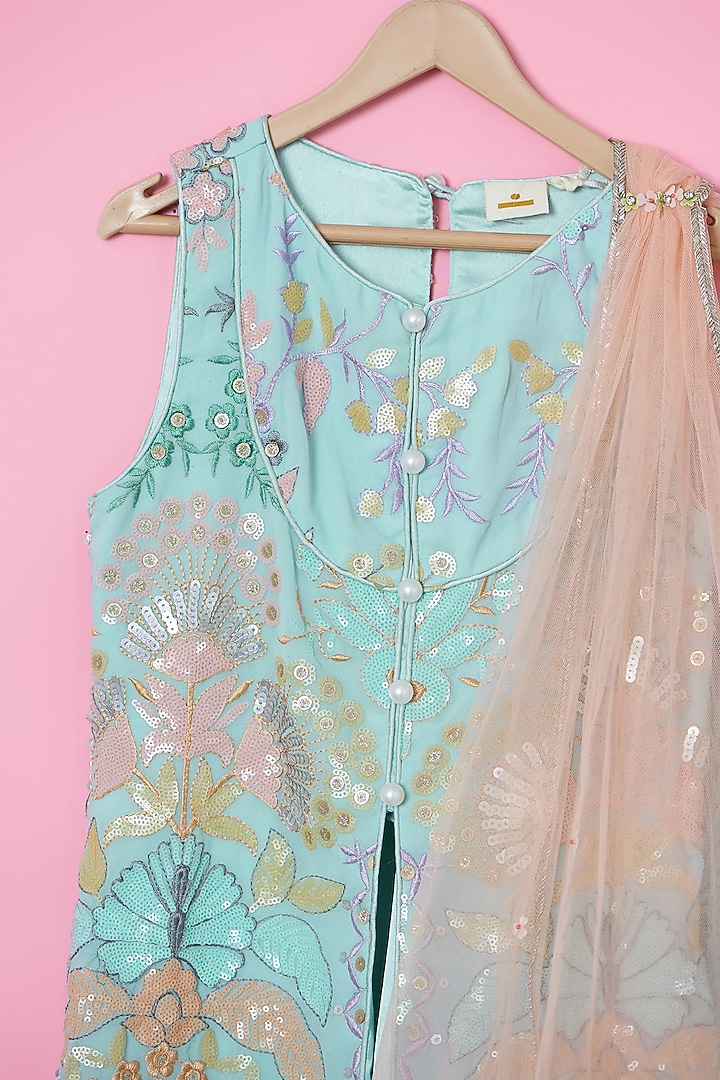 Powder Blue Georgette Hand Embroidered Lehenga Set For Girls by Les Petits at Pernia's Pop Up Shop