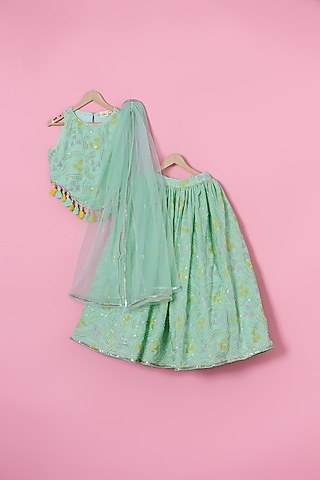 Green Georgette Geometric Printed Lehenga Set For Girls by Les Petits