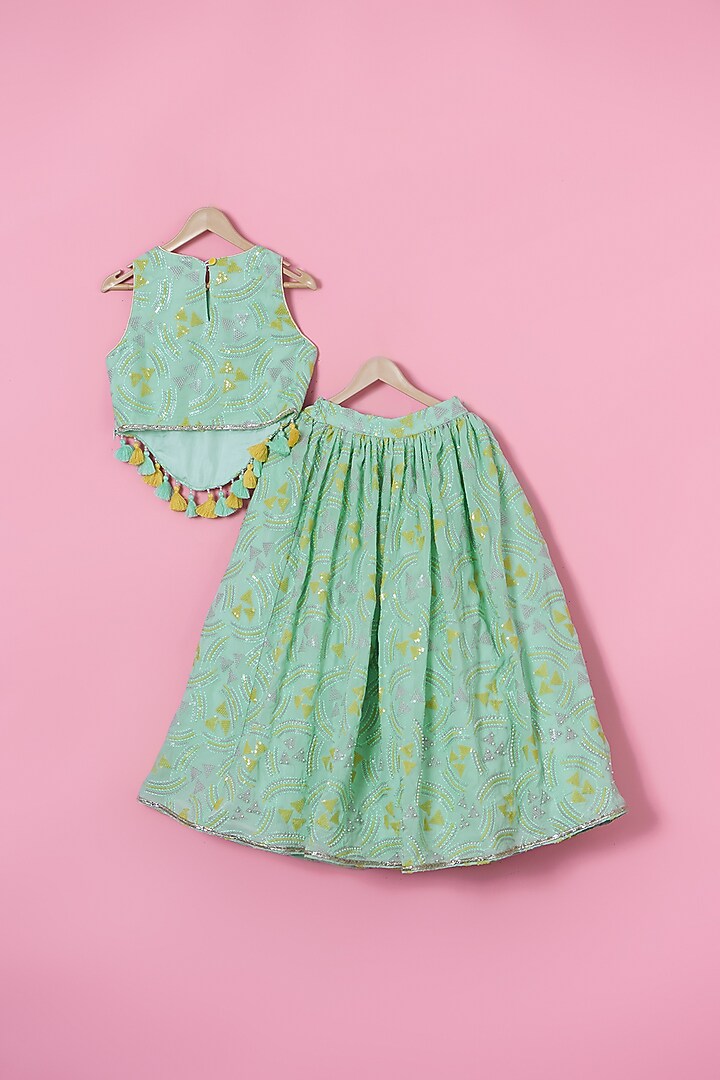 Green Georgette Geometric Printed Lehenga Set For Girls by Les Petits at Pernia's Pop Up Shop