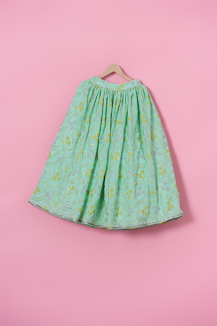 Green Georgette Geometric Printed Lehenga Set For Girls by Les Petits at Pernia's Pop Up Shop