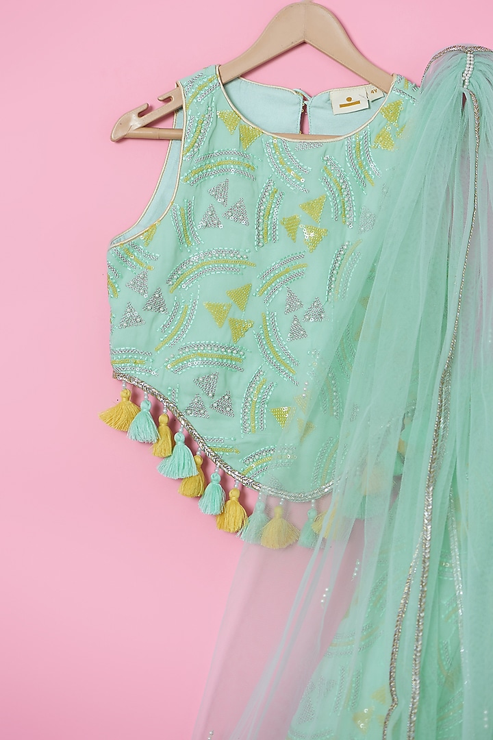 Green Georgette Geometric Printed Lehenga Set For Girls by Les Petits at Pernia's Pop Up Shop