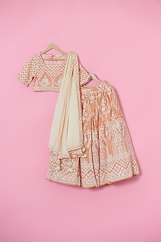 Parrot Peach Georgette Beaded Lehenga Set For Girls by Les Petits