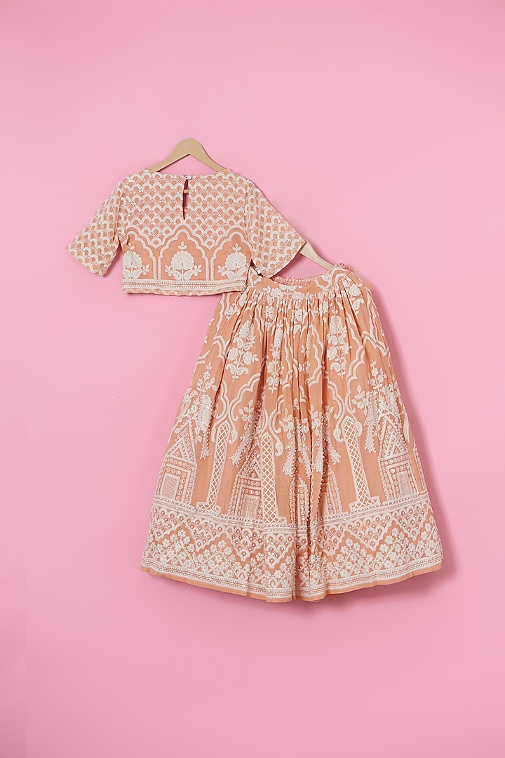 Parrot Peach Georgette Beaded Lehenga Set For Girls by Les Petits at Pernia's Pop Up Shop