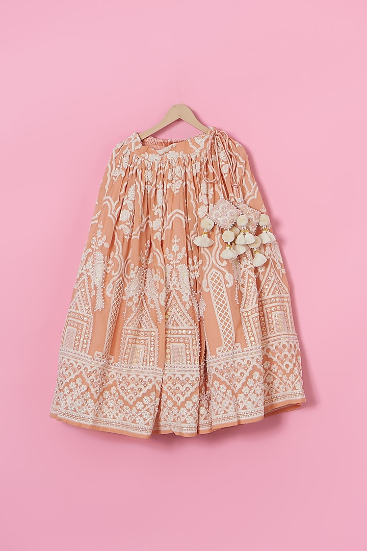 Parrot Peach Georgette Beaded Lehenga Set For Girls by Les Petits at Pernia's Pop Up Shop