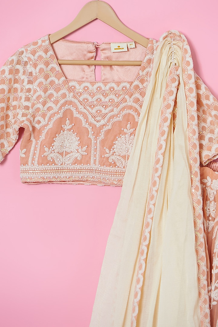 Parrot Peach Georgette Beaded Lehenga Set For Girls by Les Petits at Pernia's Pop Up Shop