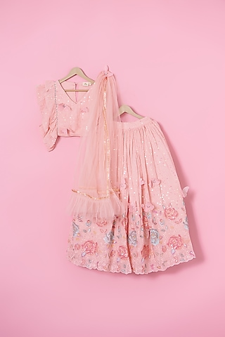 Peach Georgette Butterfly Lehenga Set For Girls by Les Petits