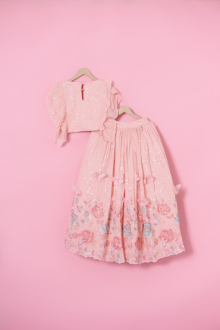 Peach Georgette Butterfly Lehenga Set For Girls by Les Petits at Pernia's Pop Up Shop