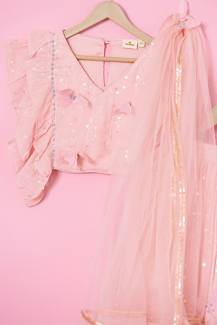 Peach Georgette Butterfly Lehenga Set For Girls by Les Petits at Pernia's Pop Up Shop