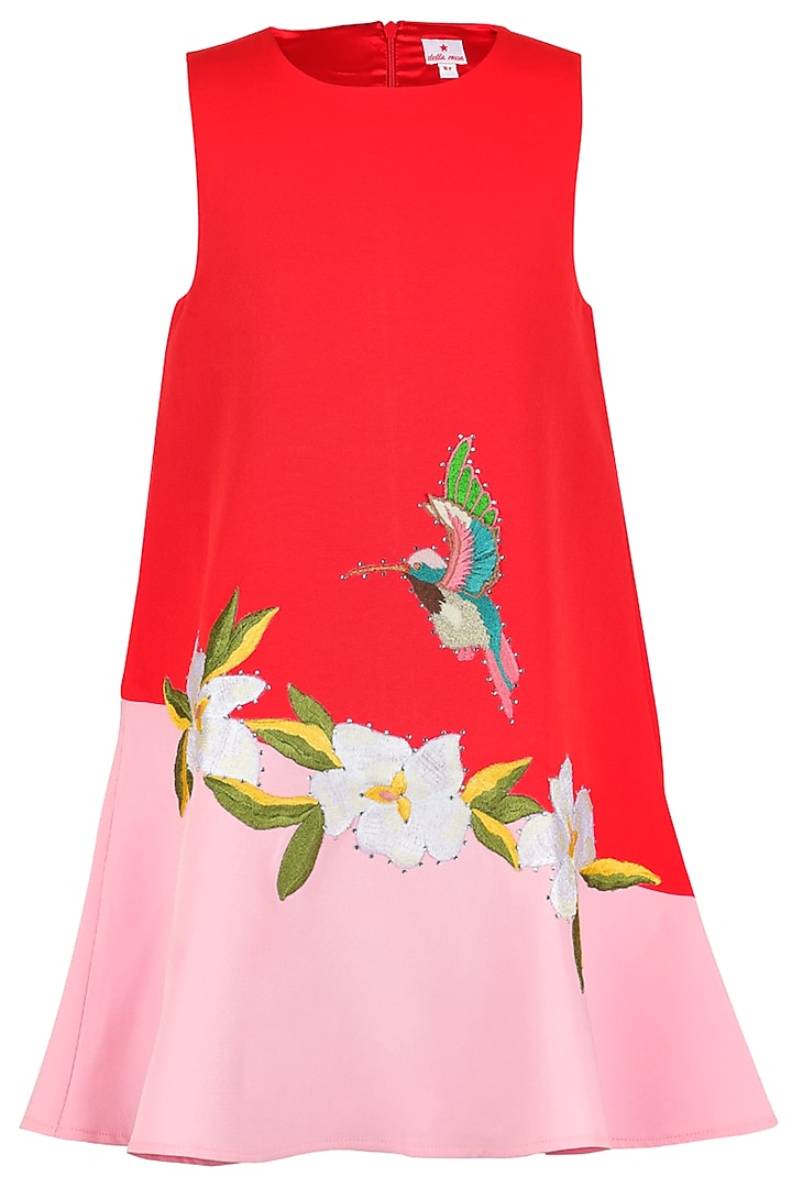 Red Banana Crepe 3D Embroidered Dress For Girls by Les Petits at Pernia's Pop Up Shop