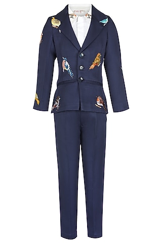 Blue Banana Crepe Embroidered Waistcoat Set For Boys by Les Petits