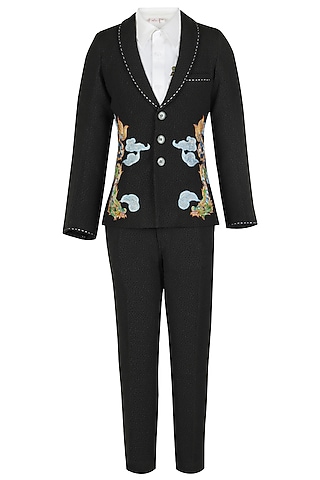 Black Banana Crepe Embroidered Waistcoat Set For Boys by Les Petits