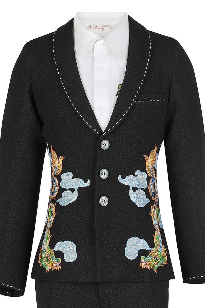 Black Banana Crepe Embroidered Waistcoat Set For Boys by Les Petits at Pernia's Pop Up Shop
