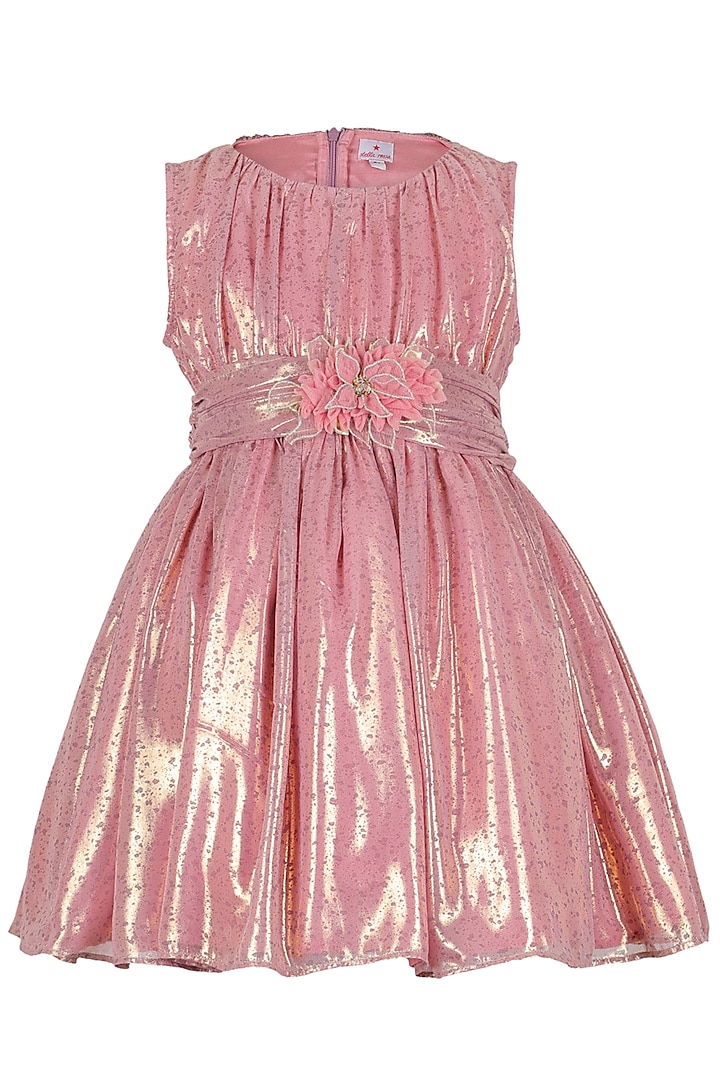 Mauve Satin Foil Printed Dress For Girls by Les Petits