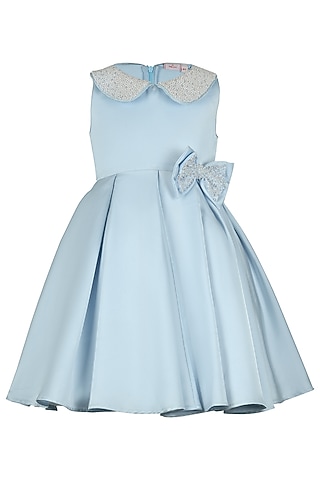 Blue Satin Pearl Embroidered Dress For Girls by Les Petits