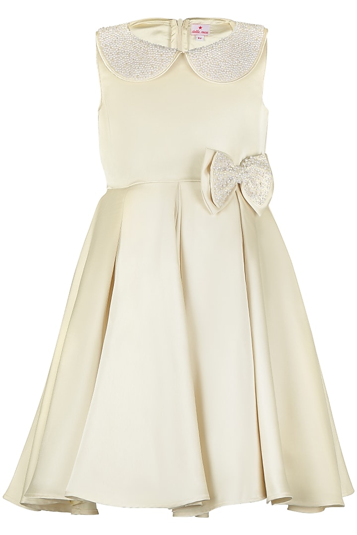 Off-White Satin Pearl Embroidered Dress For Girls by Les Petits at Pernia's Pop Up Shop