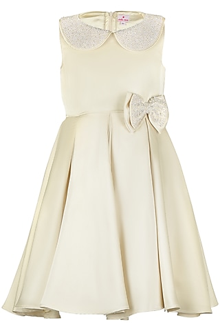 Off-White Satin Pearl Embroidered Dress For Girls by Les Petits