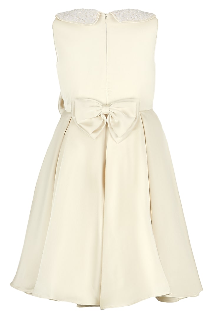Off-White Satin Pearl Embroidered Dress For Girls by Les Petits at Pernia's Pop Up Shop
