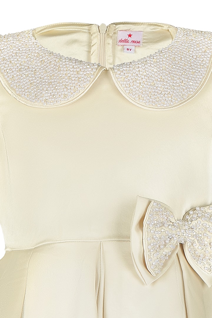 Off-White Satin Pearl Embroidered Dress For Girls by Les Petits at Pernia's Pop Up Shop