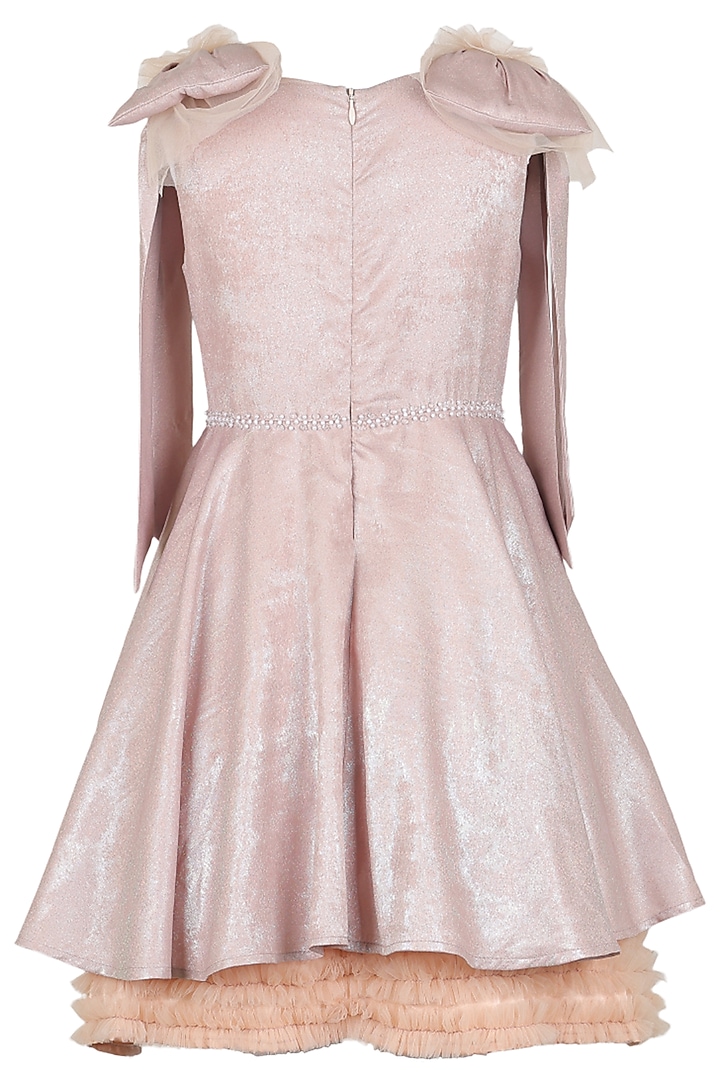 Beige Satin Embroidered Dress For Girls by Les Petits at Pernia's Pop Up Shop