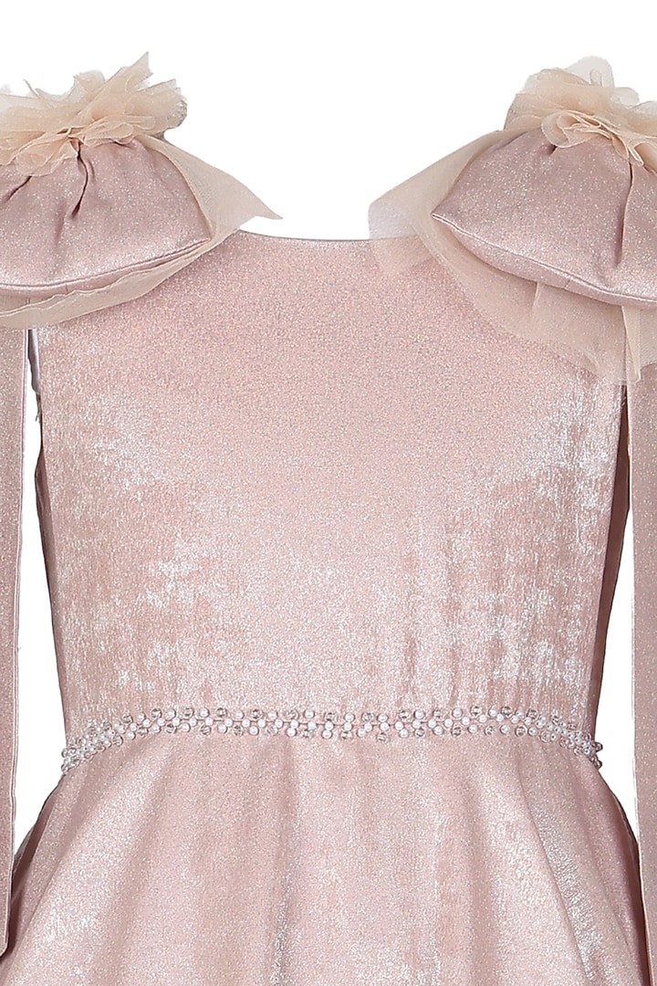 Beige Satin Embroidered Dress For Girls by Les Petits at Pernia's Pop Up Shop