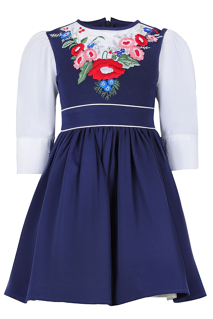 Blue Banana Crepe Floral Embroidered Dress For Girls by Les Petits at Pernia's Pop Up Shop