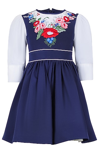 Blue Banana Crepe Floral Embroidered Dress For Girls by Les Petits
