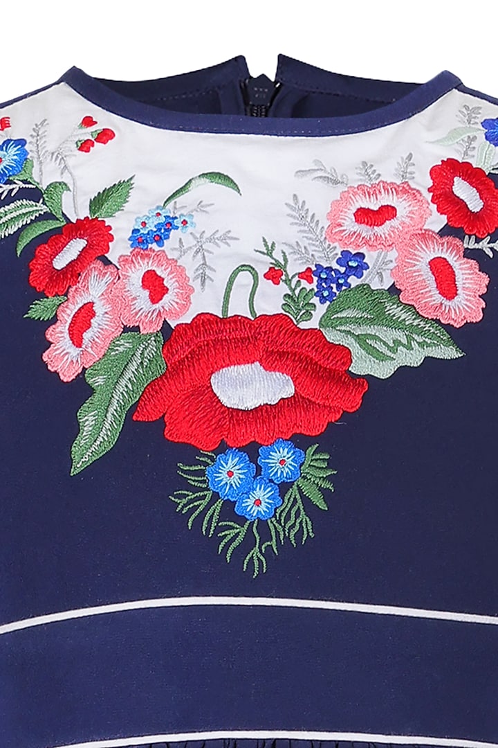 Blue Banana Crepe Floral Embroidered Dress For Girls by Les Petits at Pernia's Pop Up Shop