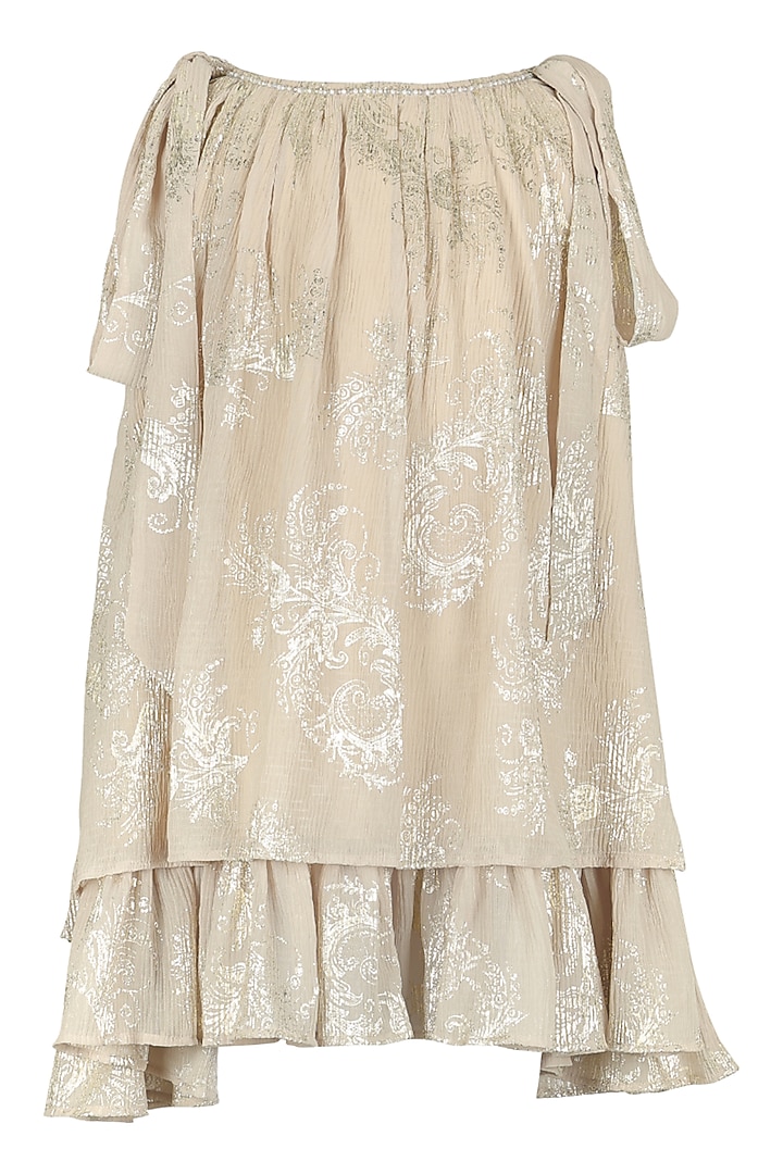 Beige Satin Foil Printed Dress For Girls by Les Petits at Pernia's Pop Up Shop