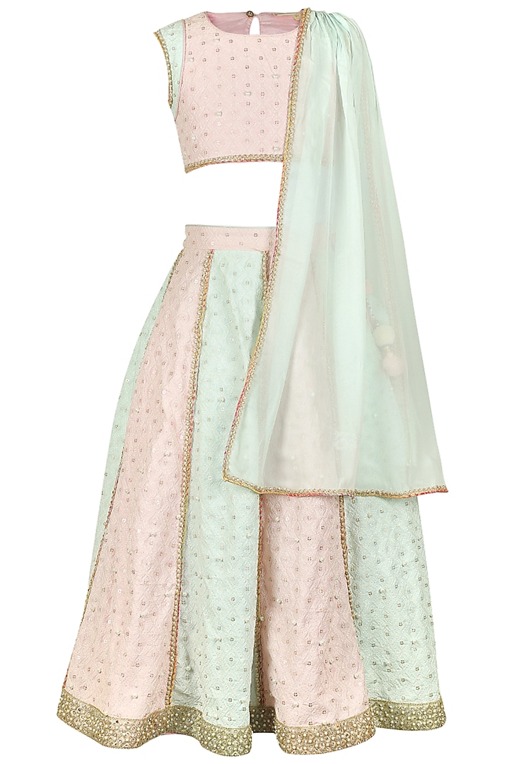 Pink Cotton Paneled Lehenga Set For Girls by Les Petits