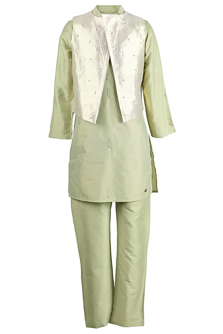 Green Cotton Jacket With Kurta Set For Boys by Les Petits