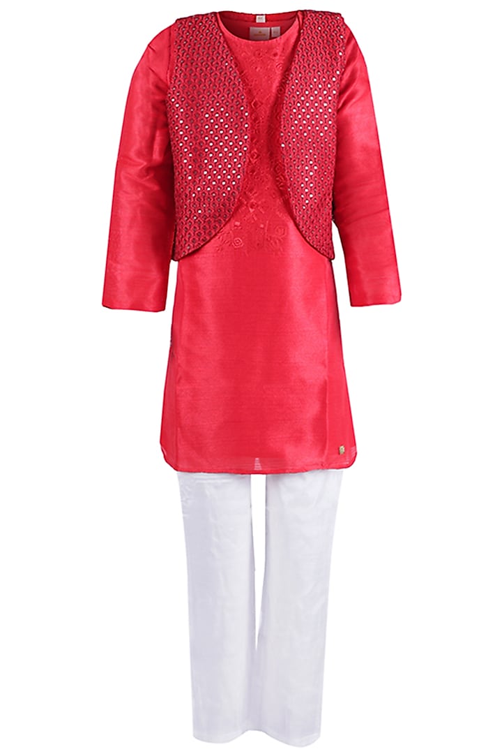 Red Cotton Jacket With Kurta Set For Boys by Les Petits