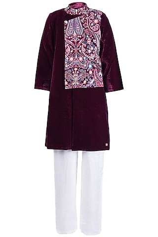 Maroon Printed Sherwani Set For Boys by Les Petits