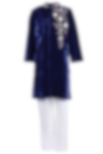 Blue Embroidered Sherwani Set For Boys by Les Petits