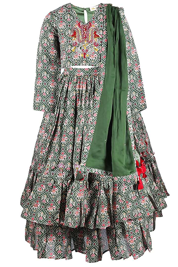 Dark Green Printed Lehenga Set For Girls by Les Petits at Pernia's Pop Up Shop