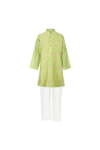 Green Chanderi Floral Embroidered Kurta Set For Boys by Les Petits