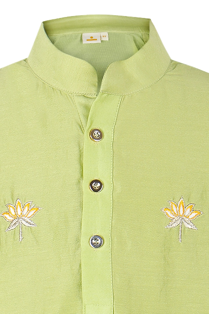 Green Chanderi Floral Embroidered Kurta Set For Boys by Les Petits at Pernia's Pop Up Shop