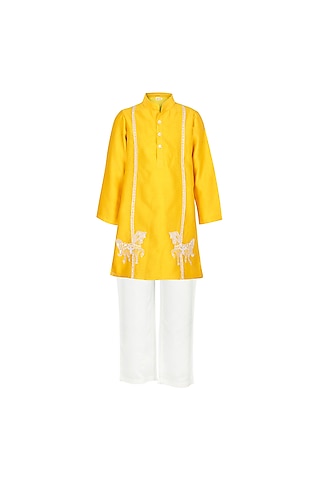 Yellow Chanderi Thread Embroidered Kurta Set For Boys by Les Petits