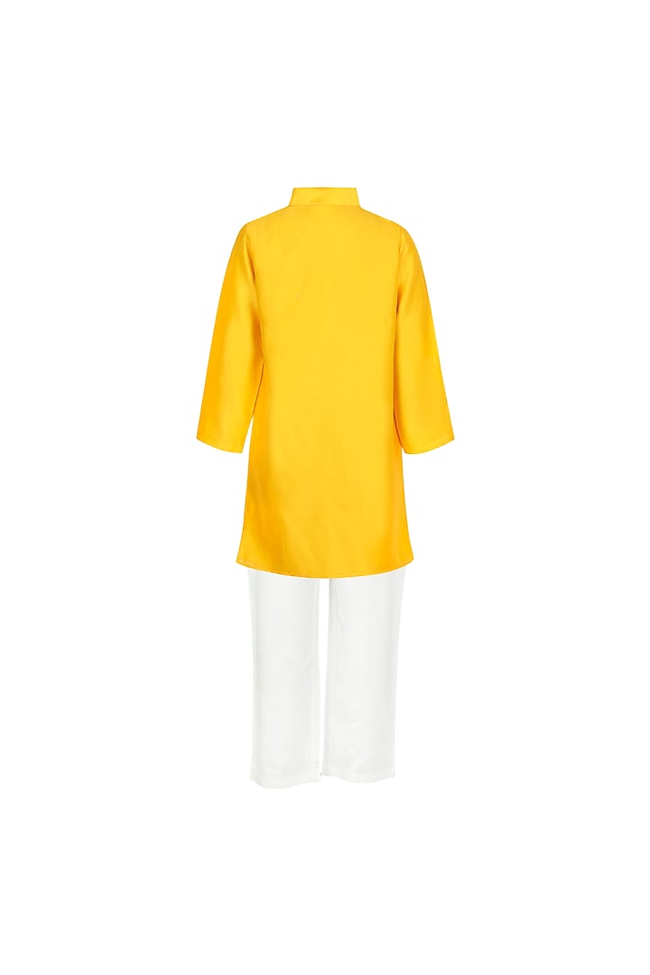 Yellow Chanderi Thread Embroidered Kurta Set For Boys by Les Petits at Pernia's Pop Up Shop