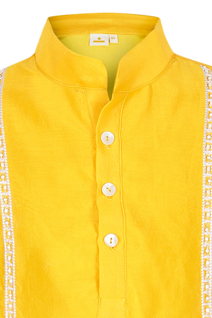 Yellow Chanderi Thread Embroidered Kurta Set For Boys by Les Petits at Pernia's Pop Up Shop