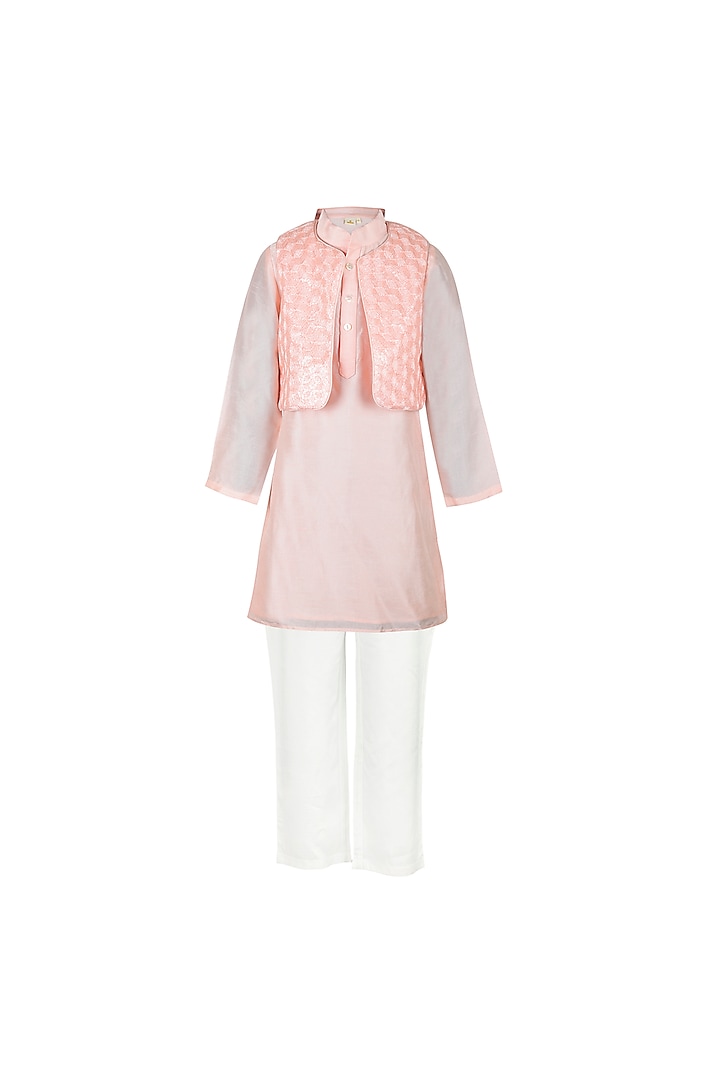 Peach Dupion Embroidered Jacket Set For Boys by Les Petits at Pernia's Pop Up Shop