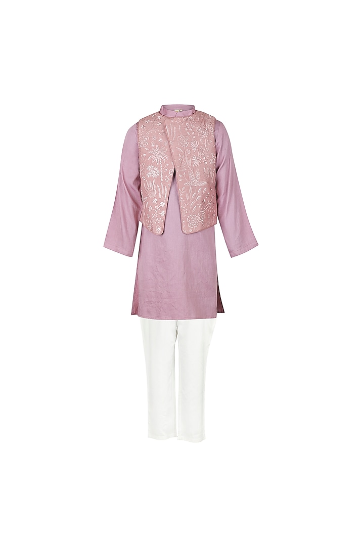 Lavender Cotton Satin Embroidered Waistcoat Set For Boys by Les Petits