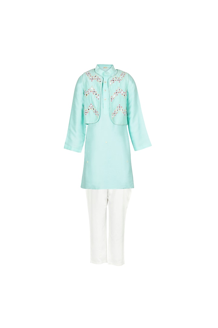 Mint Green Dupion Embroidered Jacket Set For Boys by Les Petits