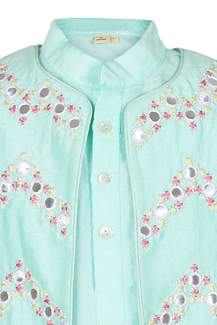 Mint Green Dupion Embroidered Jacket Set For Boys by Les Petits at Pernia's Pop Up Shop