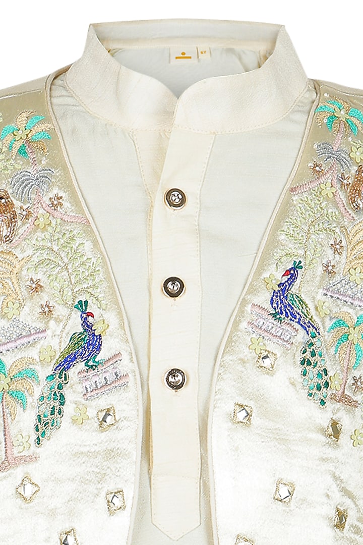 Cream Chanderi Embroidered Waistcoat Set For Boys by Les Petits at Pernia's Pop Up Shop