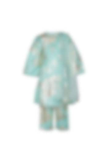 Mint Green Organza Foil Printed Kurta Set For Girls by Les Petits at Pernia's Pop Up Shop