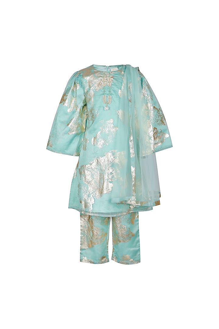 Mint Green Organza Foil Printed Kurta Set For Girls by Les Petits at Pernia's Pop Up Shop